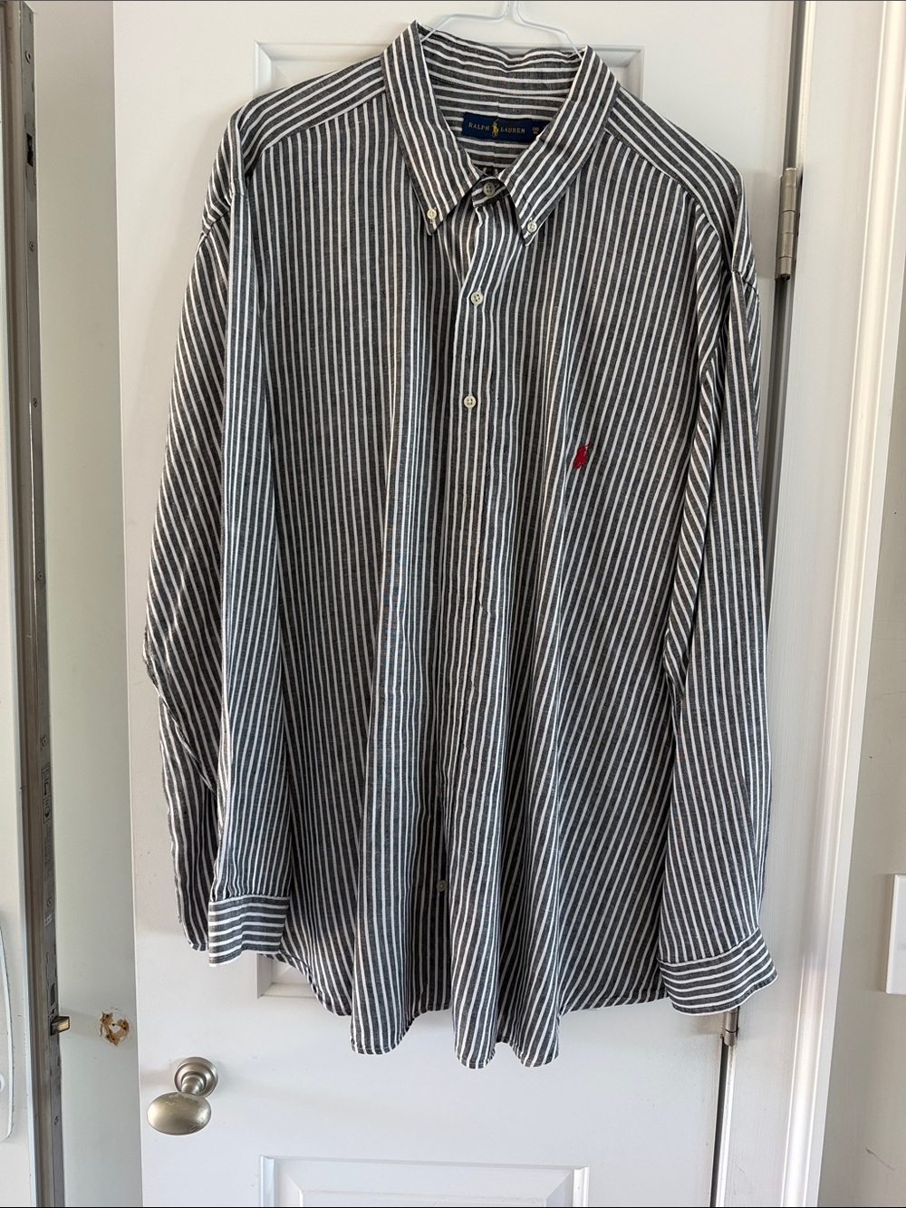 Ralph Lauren Black & White Vertical Stripe Button-Down Shirt with Red Pony